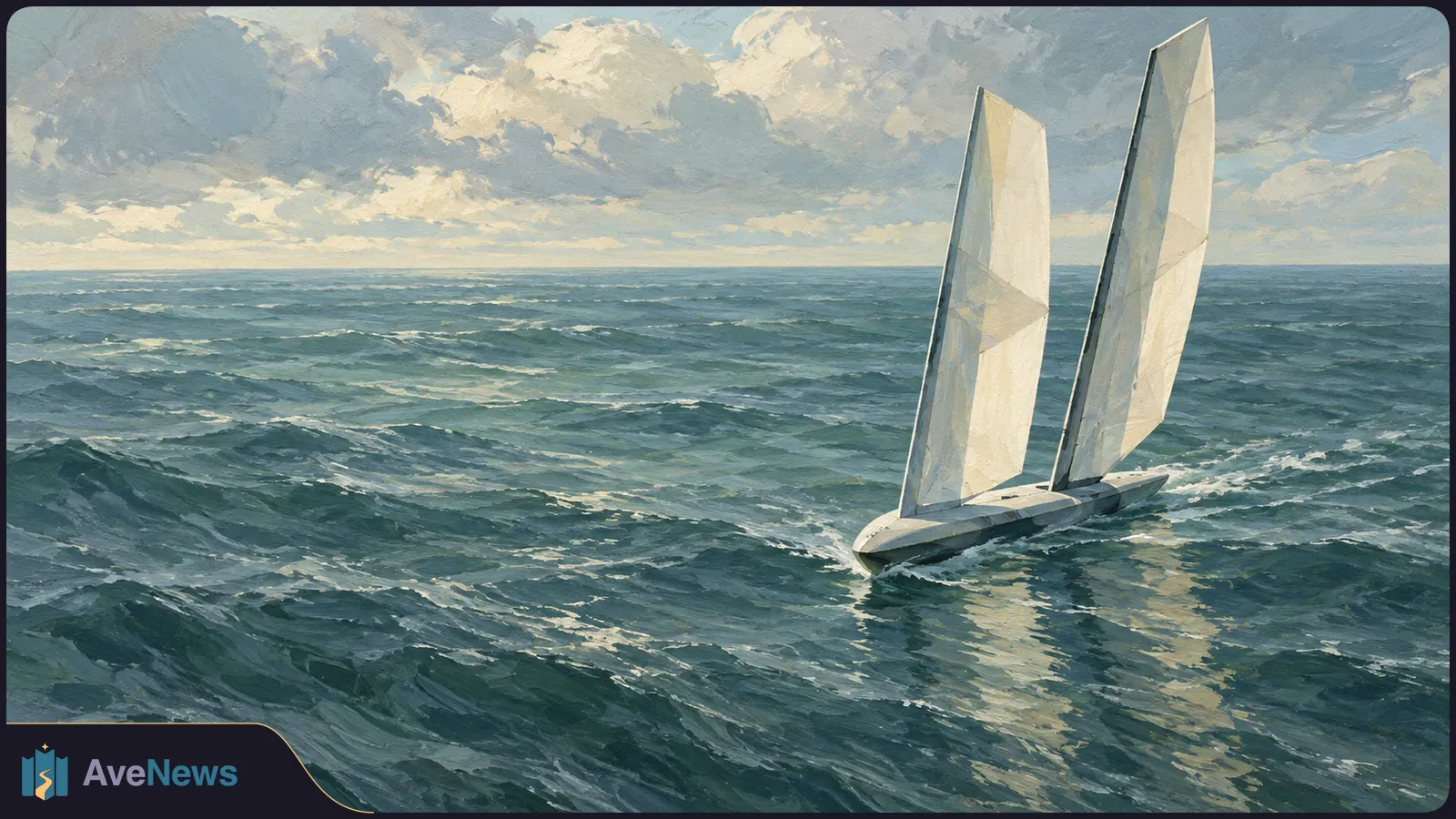 A slender white craft with two tall, rigid sails moves through choppy blue-green water beneath a cloudy sky in a painted illustration. SI illustration