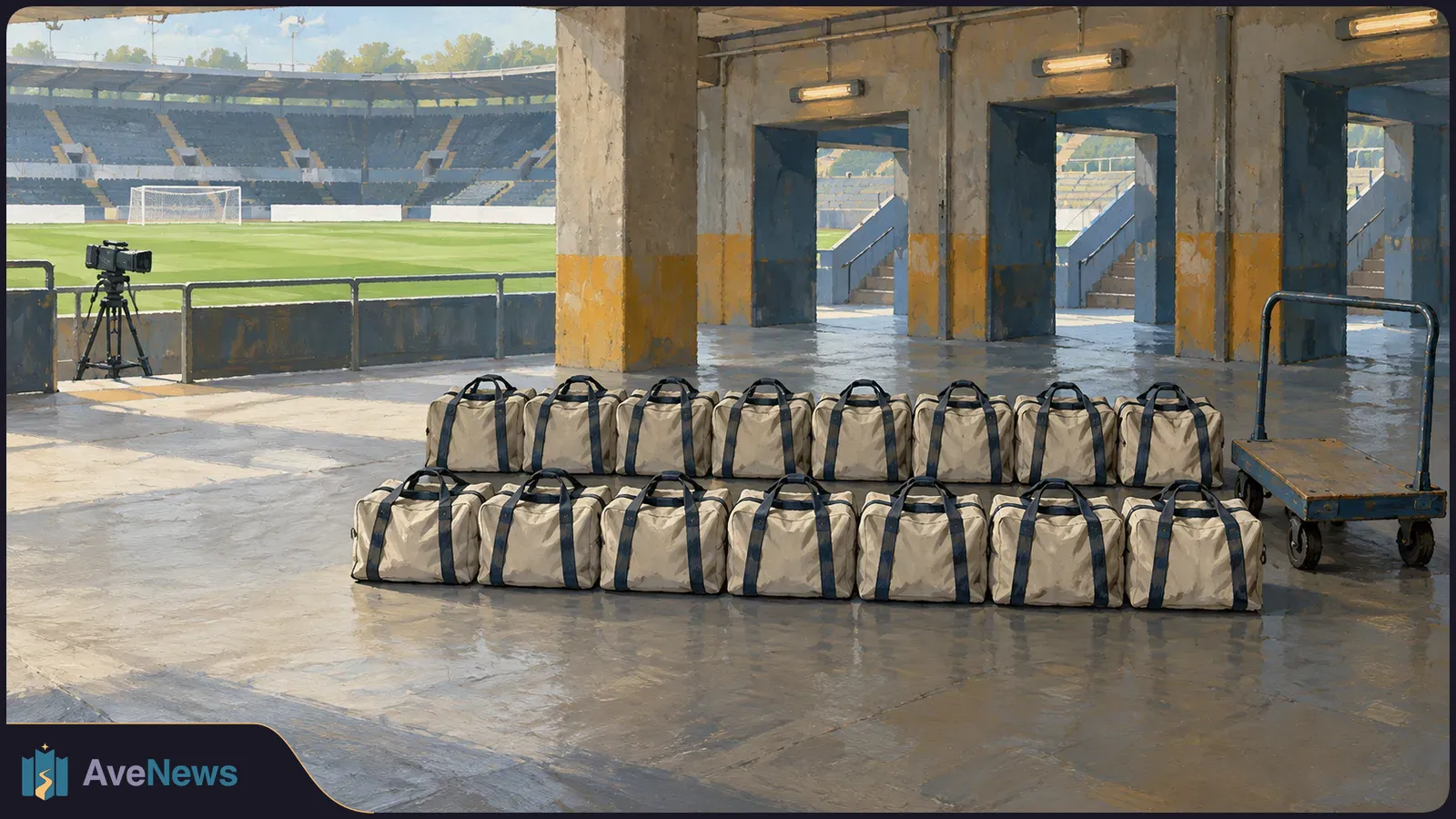 Two rows of beige duffel bags sit in a stadium concourse. A football pitch and goal are visible beyond the railings, with a camera on a tripod at left and a cart at right. SI illustration