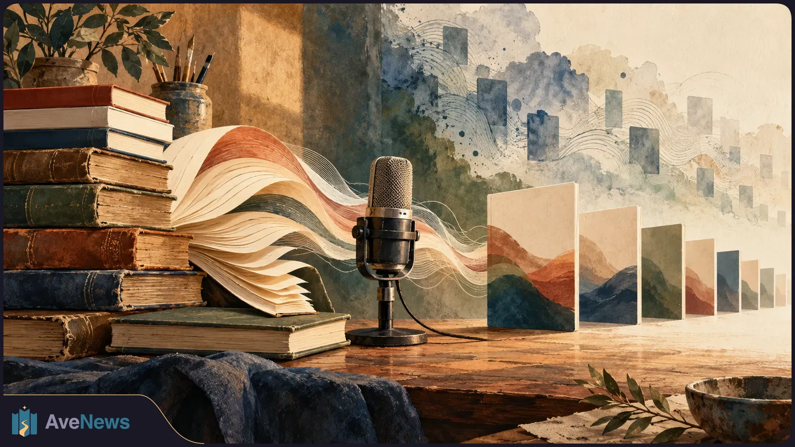 A tabletop microphone beside a stack of books; an open book’s pages flow in waves toward a row of illustrated book covers. SI illustration