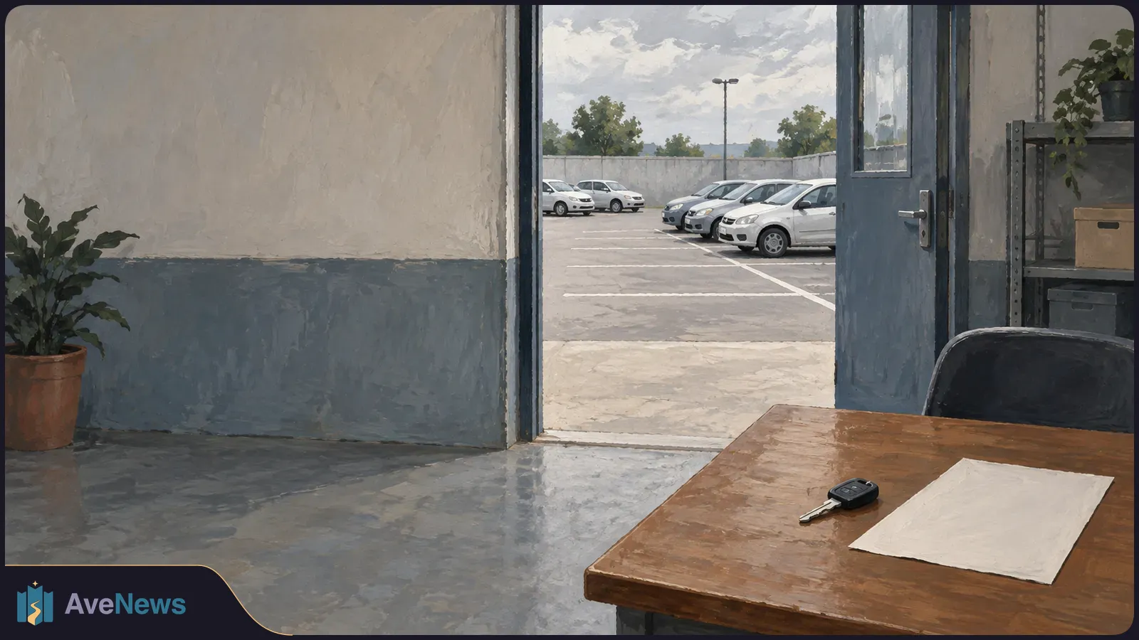 A painted office scene with a car key and blank sheet on a wooden desk. Several parked cars are visible through the open door. SI illustration
