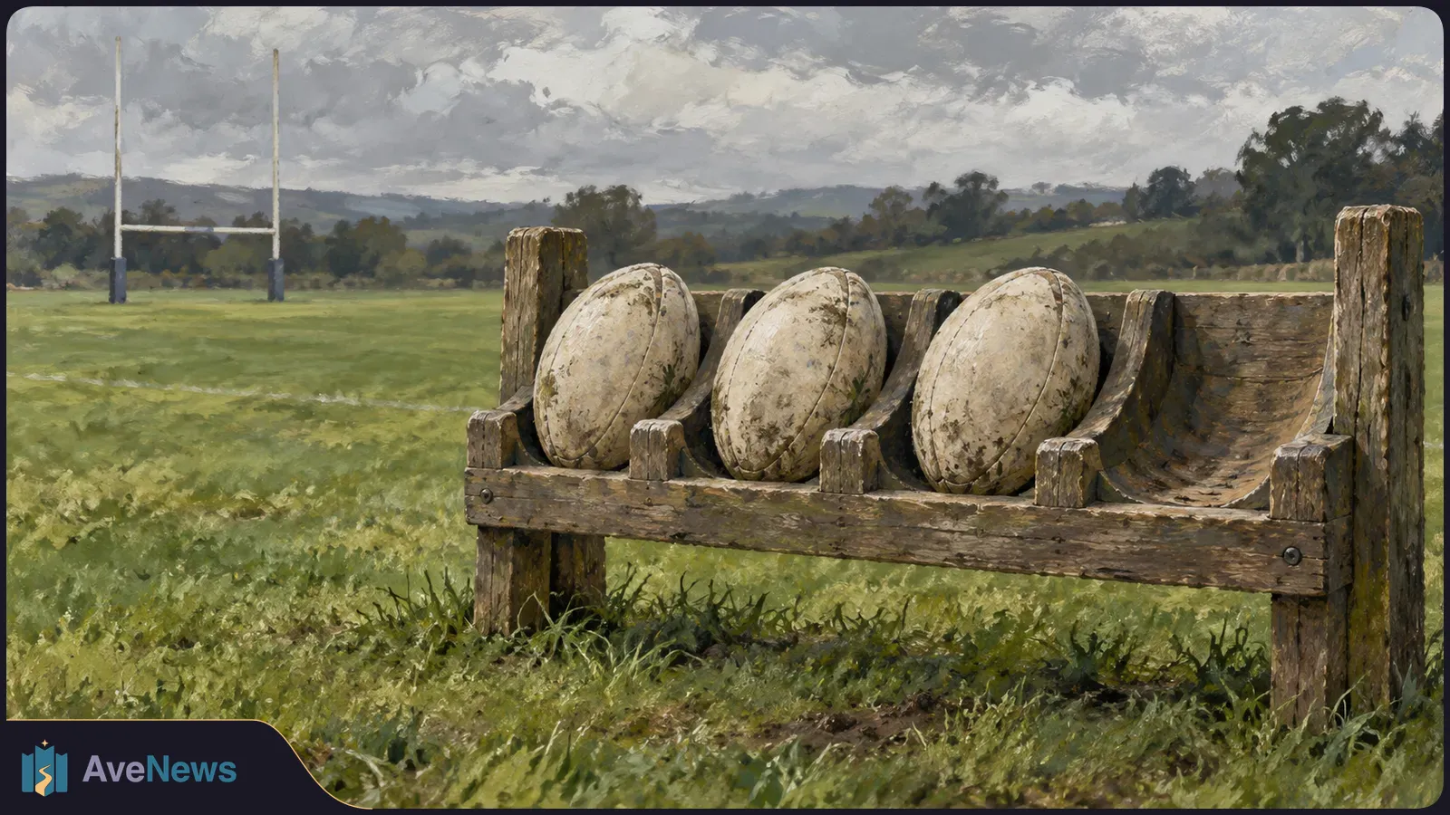 Painterly illustration of three scuffed rugby balls in a wooden rack beside a grassy field, with goalposts and trees beneath a cloudy sky. SI illustration