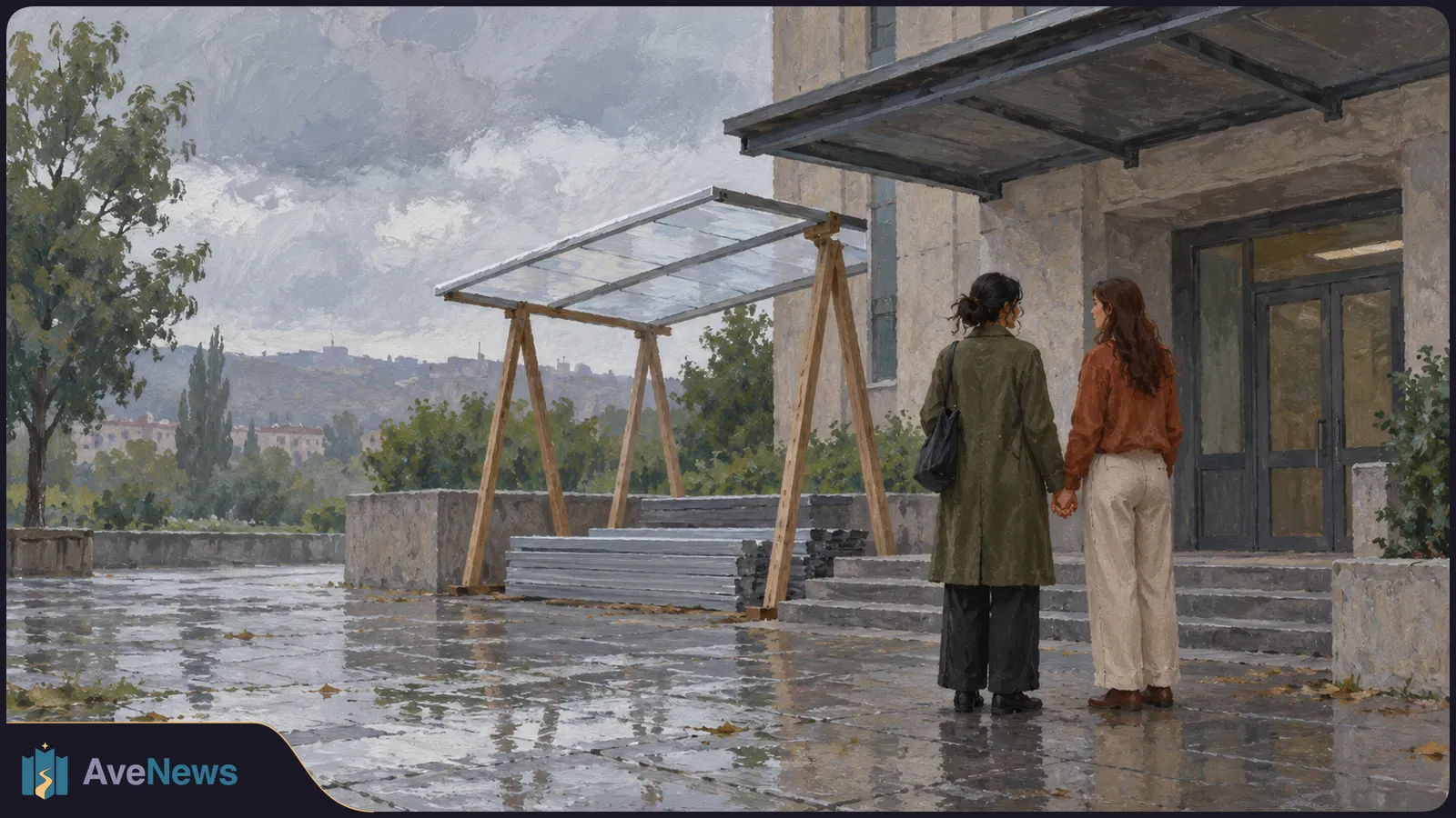 A painting of two women holding hands outside a stone building on a rain-wet terrace, beside a canopy frame and stacked panels under a cloudy sky. SI illustration