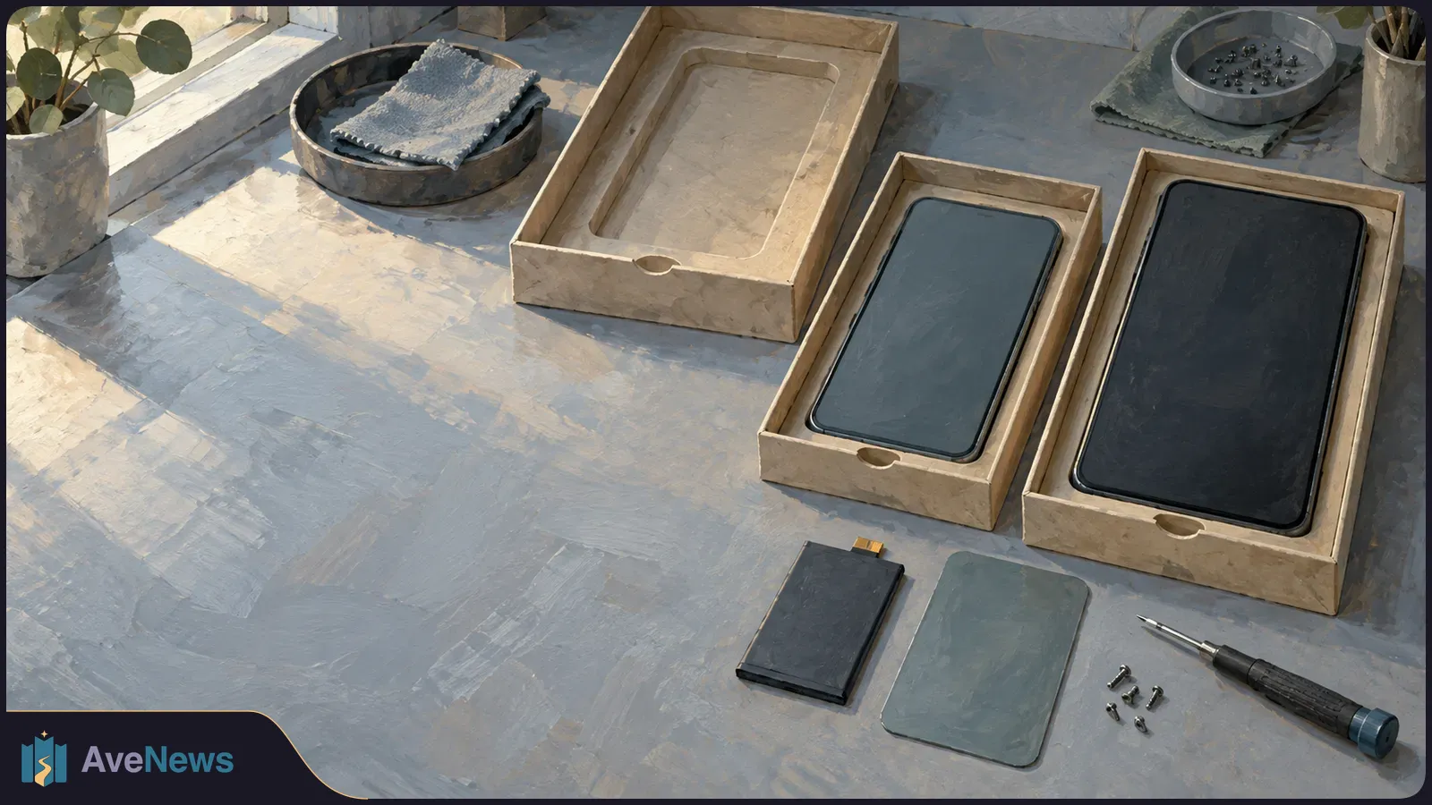 Painted workbench scene with two dark-screen phones in cardboard trays, an empty tray, a loose battery, screws and a screwdriver. SI illustration