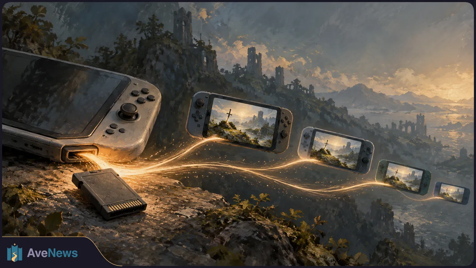 A cartridge beside a large handheld console, with glowing trails leading to smaller consoles showing the same sword-and-ruins landscape. SI illustration