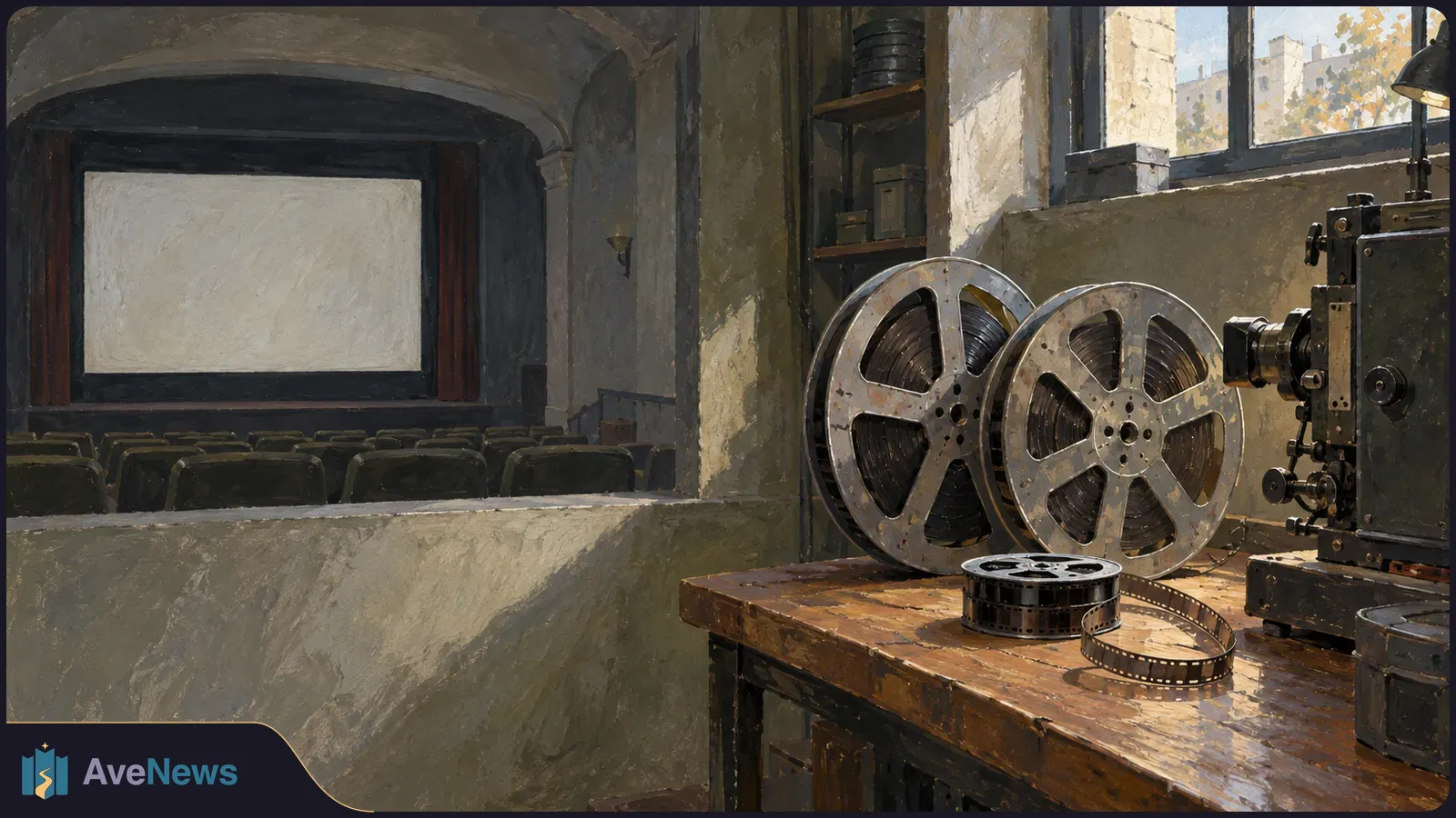 A painted view of film reels and a projector on a wooden table beside an empty cinema with a blank screen. SI illustration