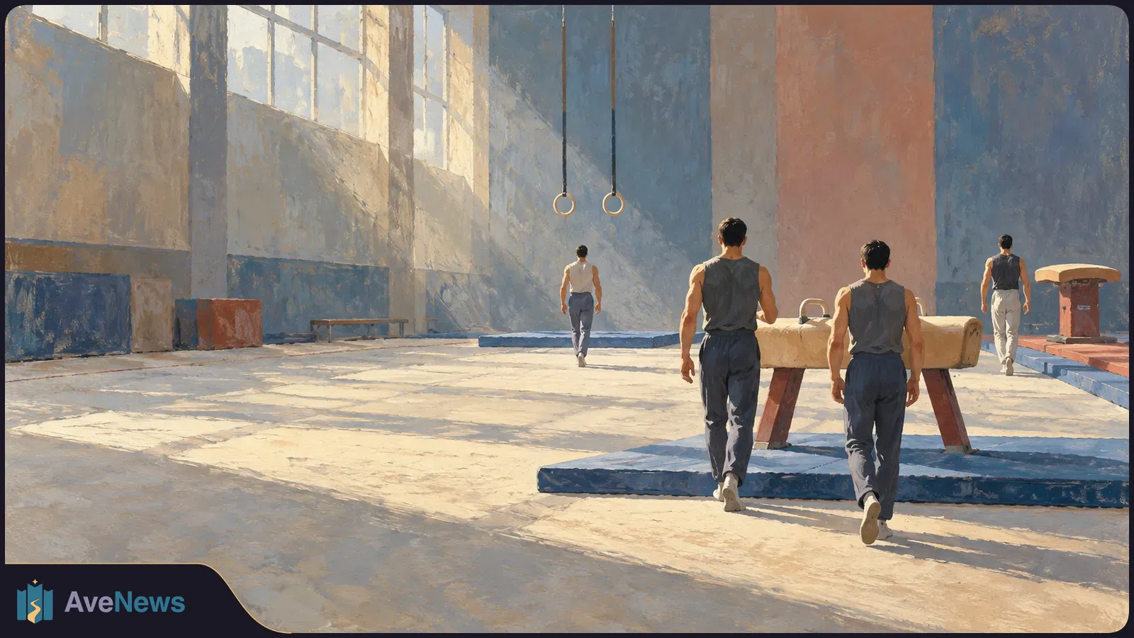 Four athletes walk through a sunlit gymnastics hall with hanging rings, a pommel horse and blue mats. SI illustration