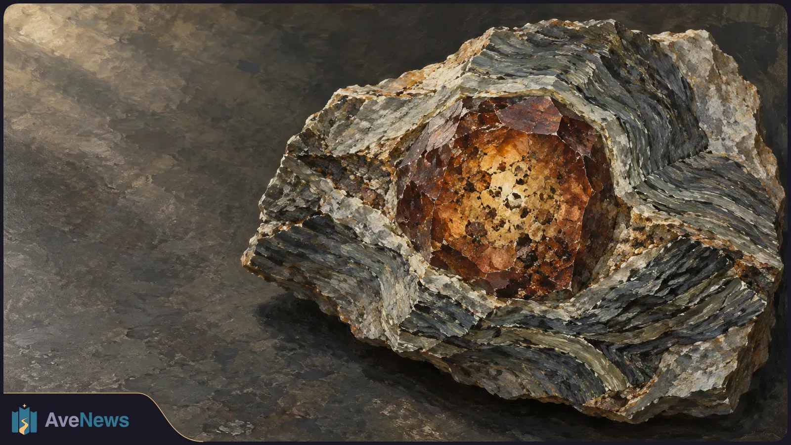 Painted close-up of a reddish-brown crystal speckled with dark flecks, embedded in a banded gray rock against a dark background. SI illustration
