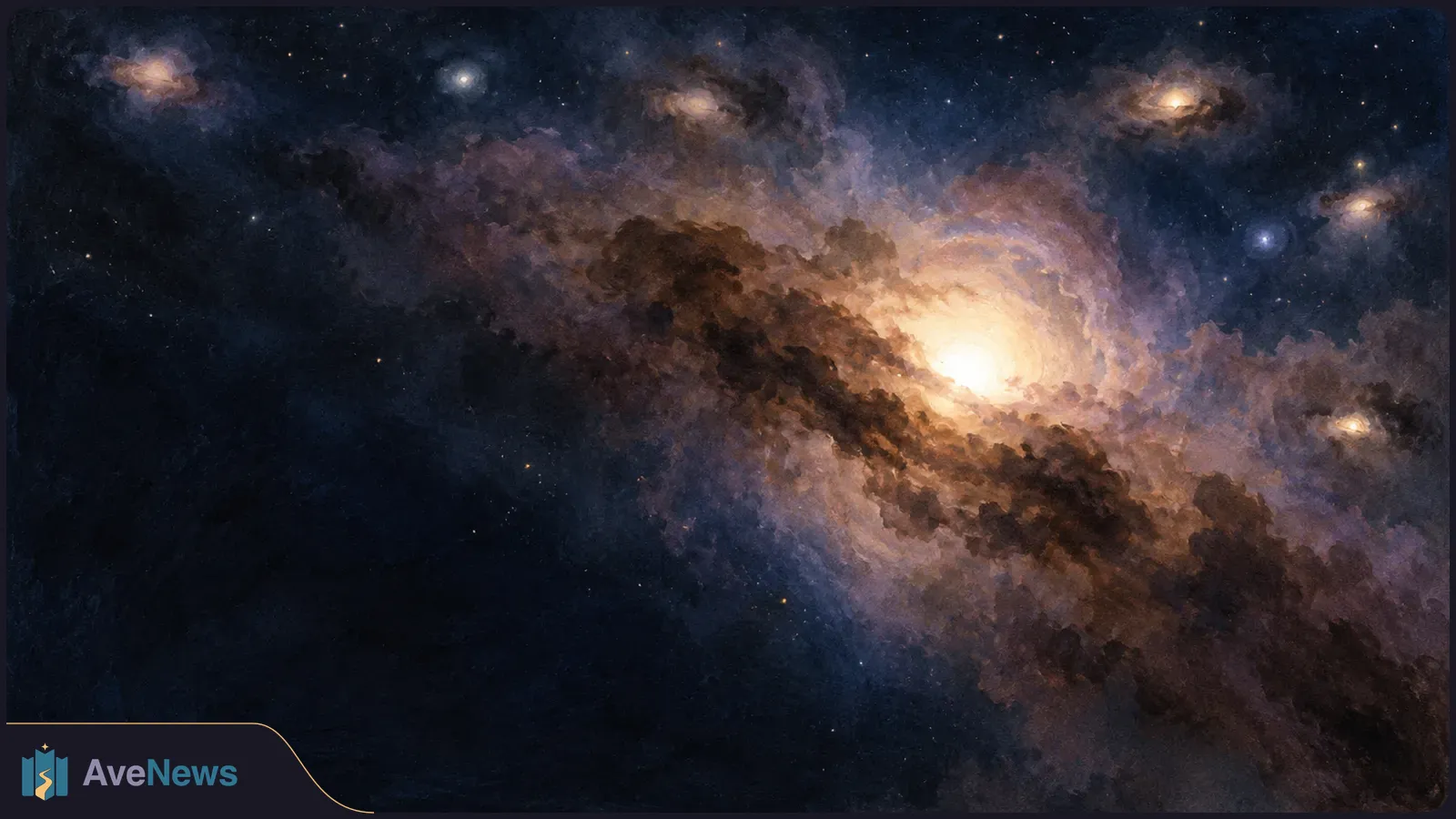 Illustration of a bright, swirling galaxy crossed by a dark dust band, with smaller glowing galaxies scattered across a starry background. SI illustration