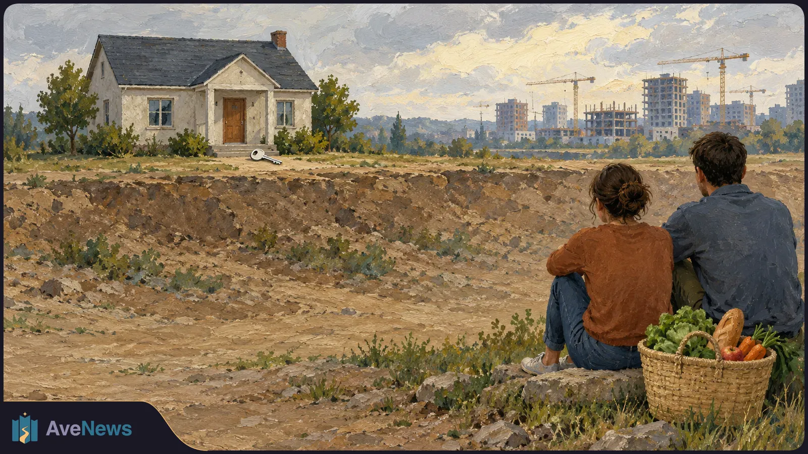 Painting of two people seated beside a basket of groceries, looking across a dirt lot at a small house, a key on the ground, and distant buildings under construction. SI illustration