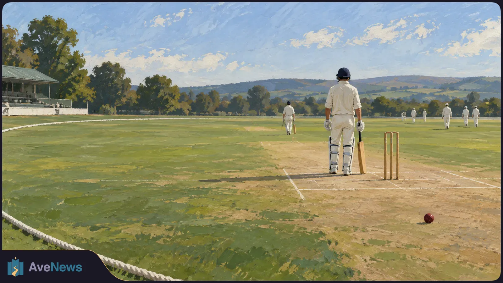 Painted cricket scene: a batter in white stands with a bat beside the wickets. A red ball lies in the foreground, and other players are spread across the field. SI illustration