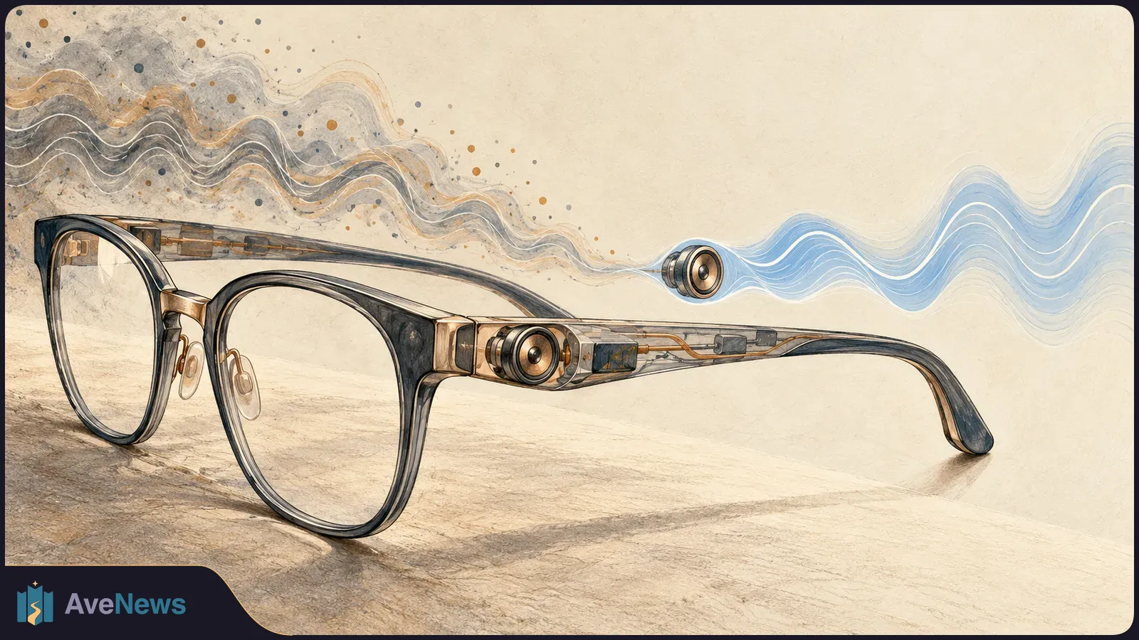 Illustration of black-framed glasses with round components built into the arms, as gray and blue sound waves flow across a beige background. SI illustration