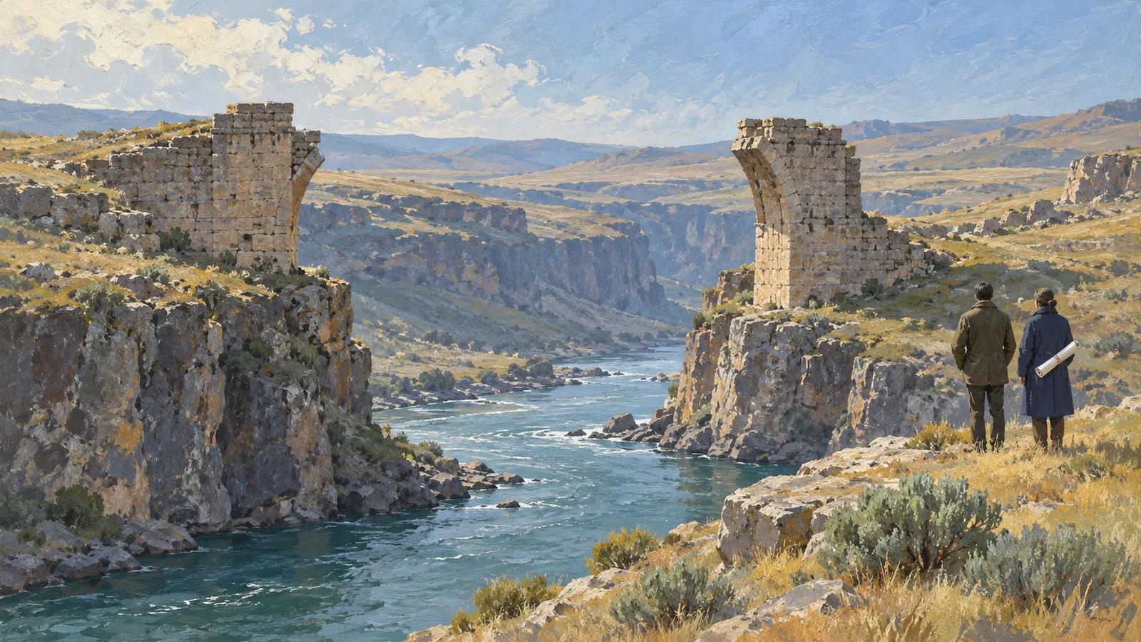 Illustration of two stone bridge piers on opposite sides of a river gorge, with two people standing on the grassy bank. SI illustration