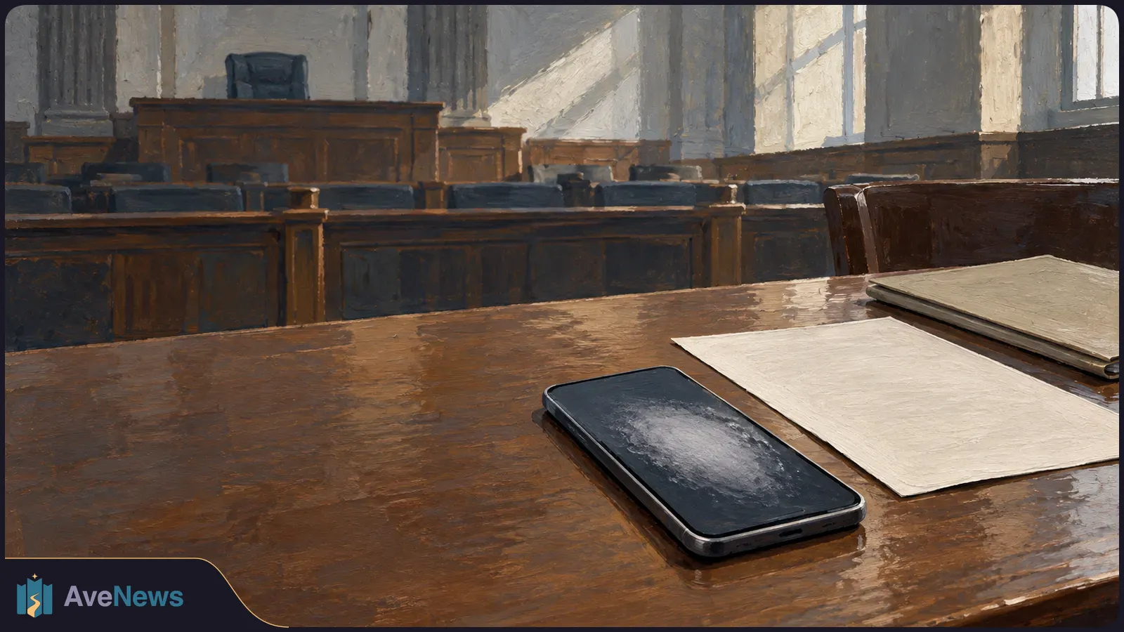 Painted empty courtroom with wooden benches and sunlit windows. A black smartphone, blank sheet of paper and closed folder rest on a table in the foreground. SI illustration