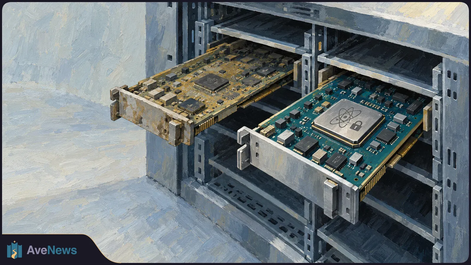 Painted illustration of two circuit boards pulled from a metal rack: a worn yellow board beside a teal board with a large chip bearing atom and padlock symbols. SI illustration