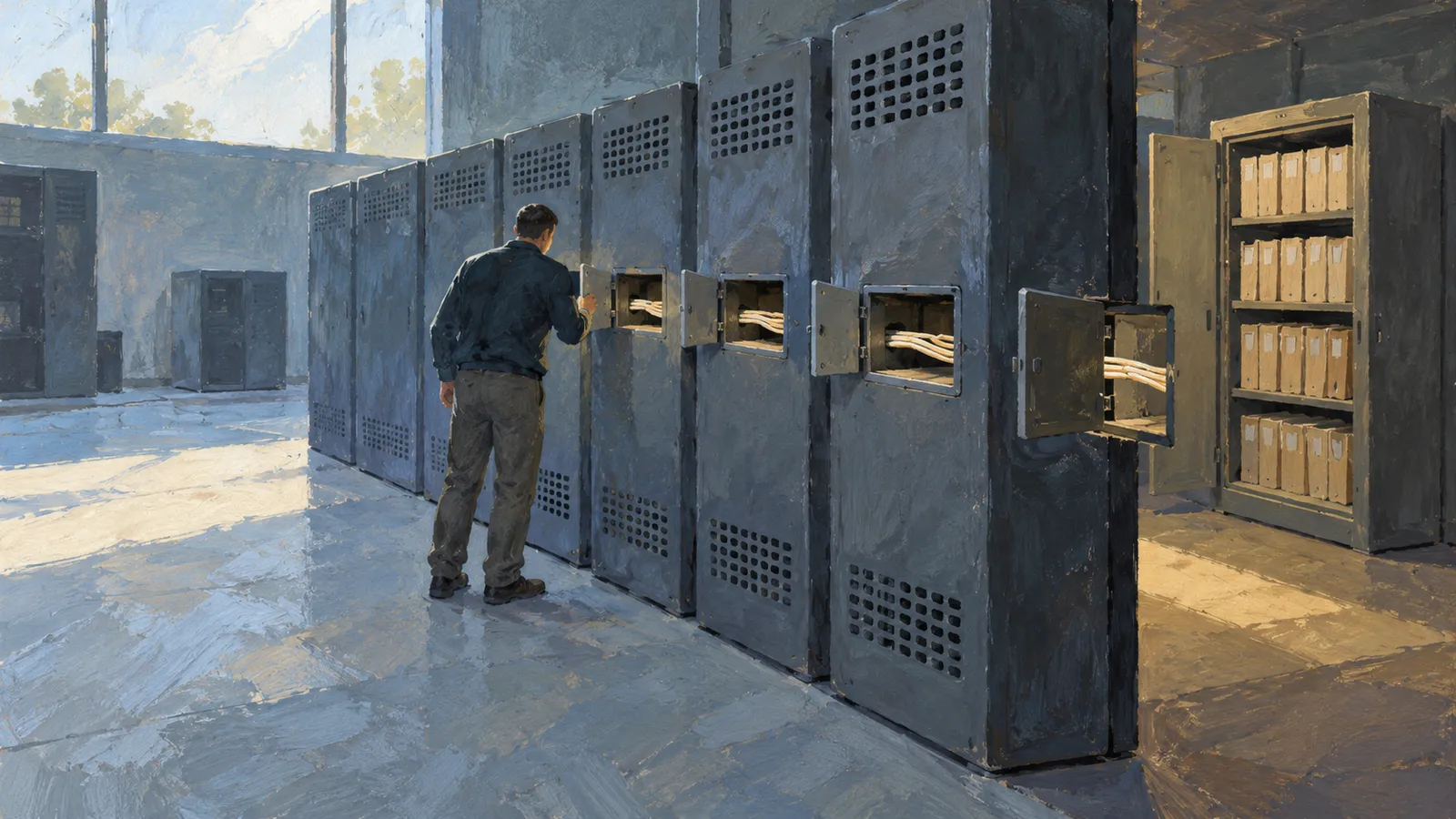 A painted scene of a person standing beside a row of tall metal cabinets, several open to reveal cables; a cupboard of folders stands at right. SI illustration