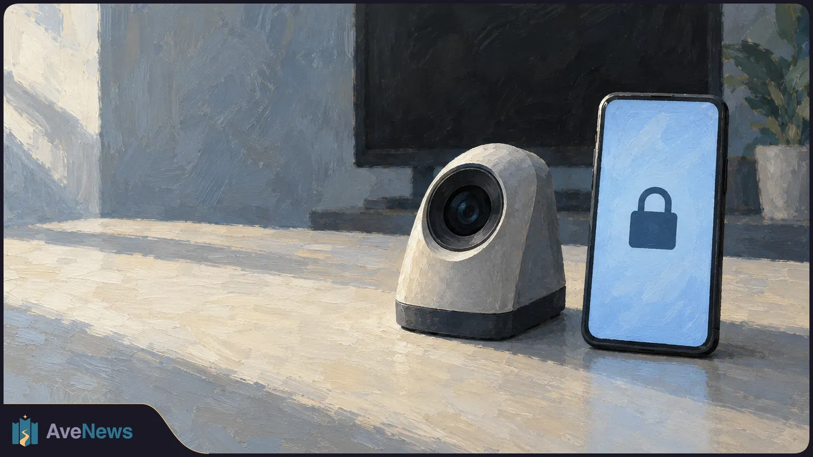 Painted scene of a small camera-like device beside a smartphone showing a closed padlock on a blue screen, with a dark monitor and potted plant behind them. SI illustration
