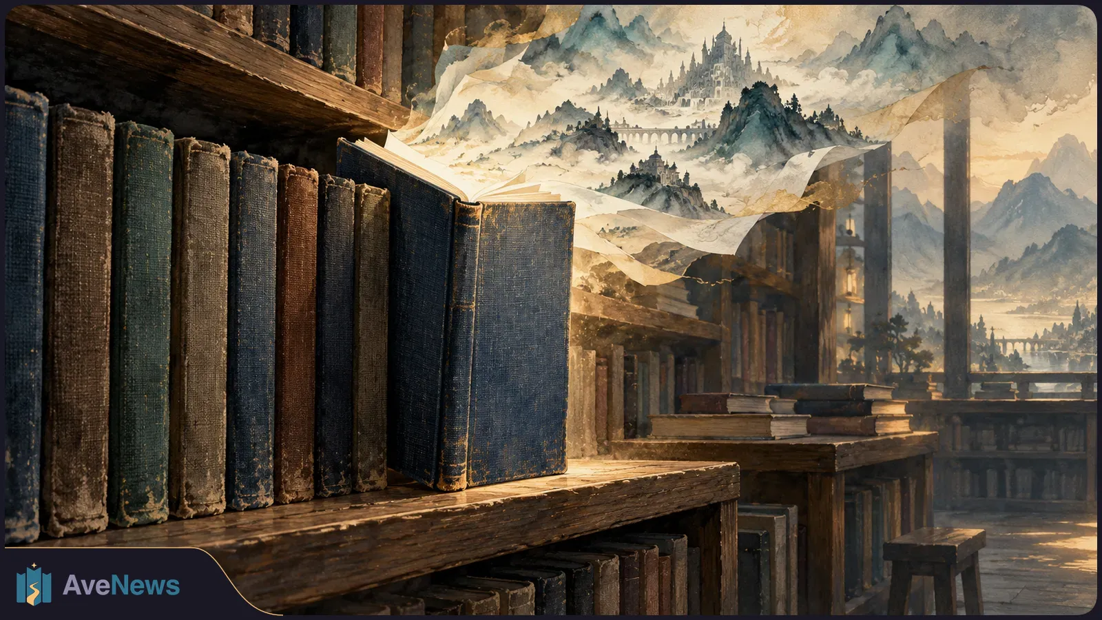 Worn books line wooden shelves as an open blue book blends into a misty fantasy landscape of mountains, bridges and castles. SI illustration