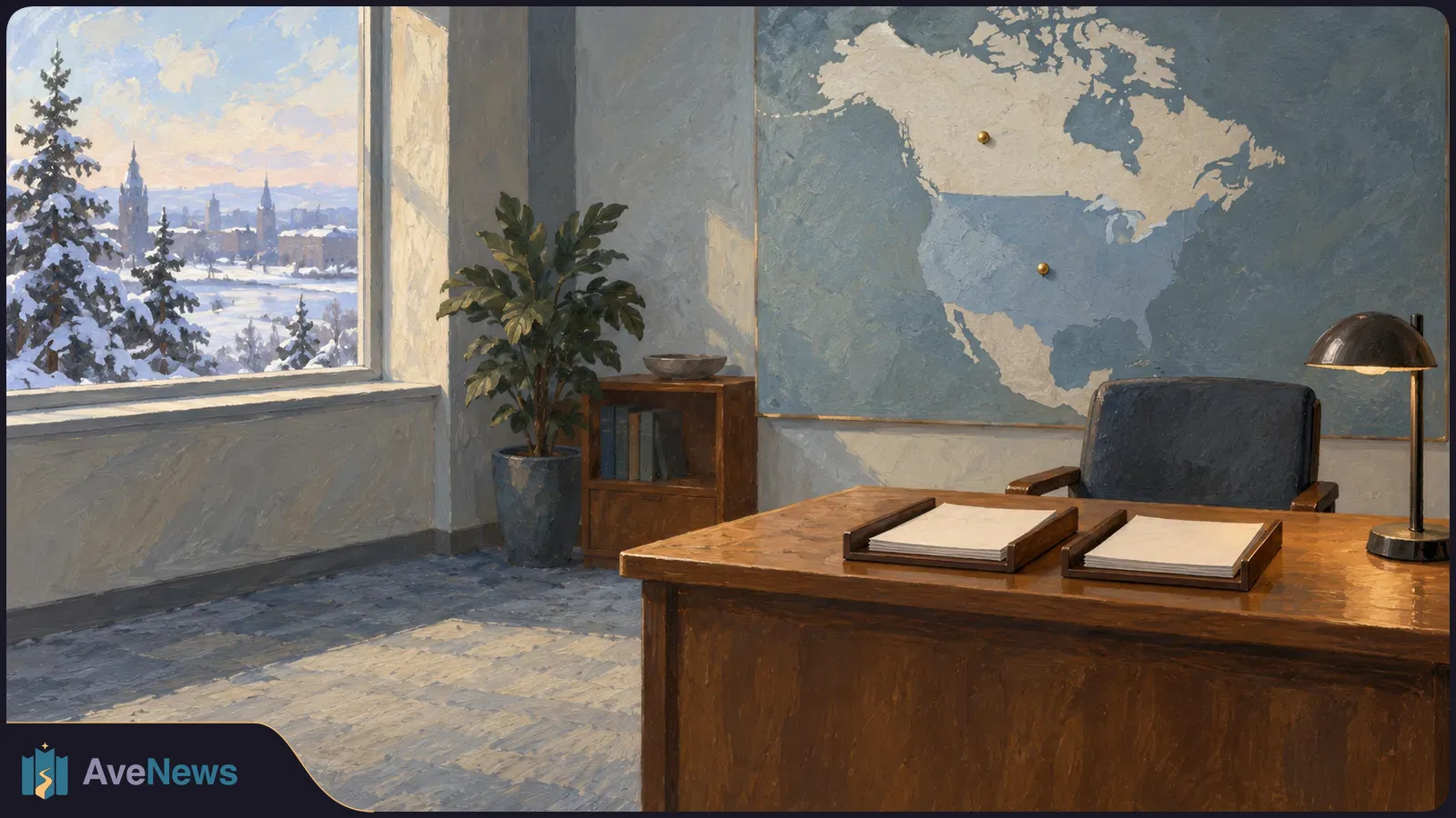 Painted office with a wooden desk, two trays of blank paper, and a large map of North America marked with two pins. A snowy city is visible through the window. SI illustration
