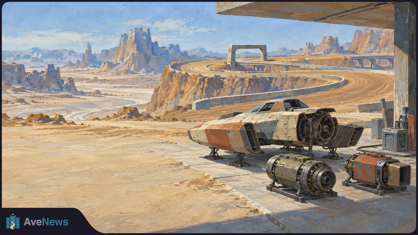 A weathered futuristic racer sits beside detached engine parts at a desert pit stop, with a winding track and rocky mesas beyond. SI illustration