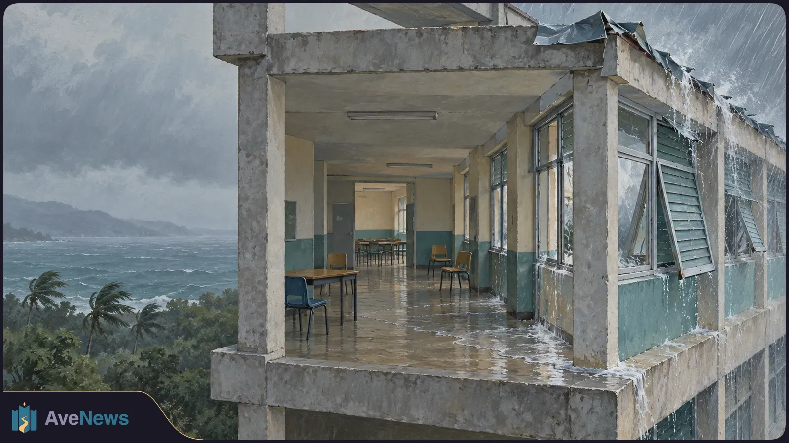 Storm water enters an empty school room through damaged windows, spreading across the floor among desks and chairs. Dark seas and wind-bent palms are visible outside. SI illustration