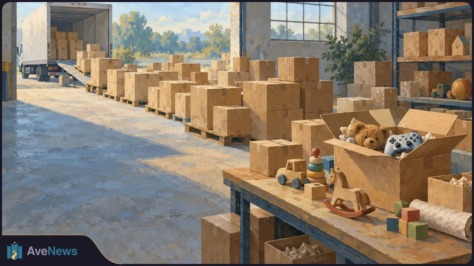 Illustration of a warehouse with stacked cardboard boxes, a truck at the loading bay, and toys and a game controller on a packing table. SI illustration