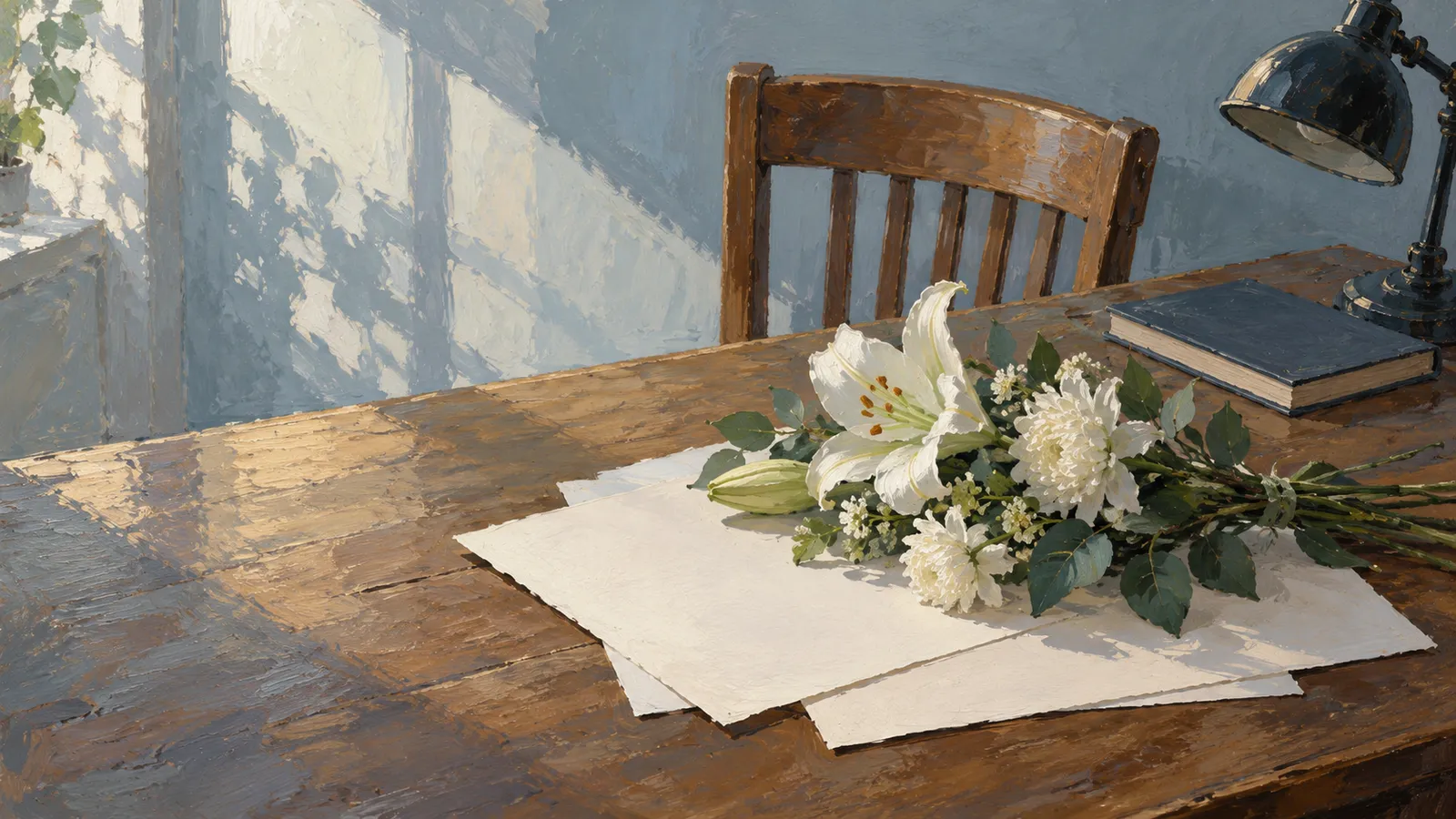 A painting of white flowers resting on blank sheets of paper on a sunlit wooden table, beside a closed book and desk lamp. SI illustration