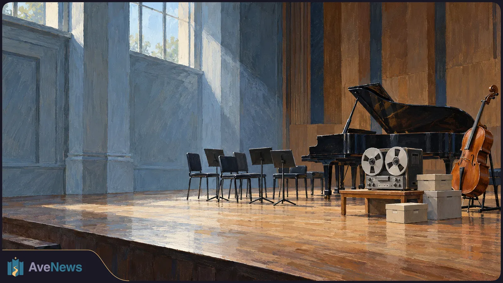 Painted concert stage with a grand piano, cello, empty chairs and music stands. A reel-to-reel tape recorder sits among boxes in the foreground. SI illustration