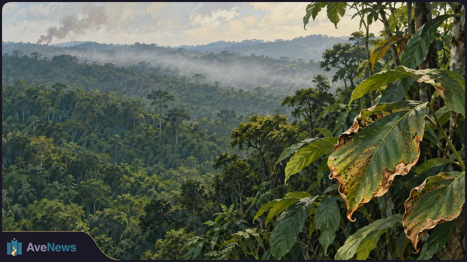 Smoke rises beyond a forested ridge, with mist over the trees and large brown-spotted leaves in the foreground. SI illustration