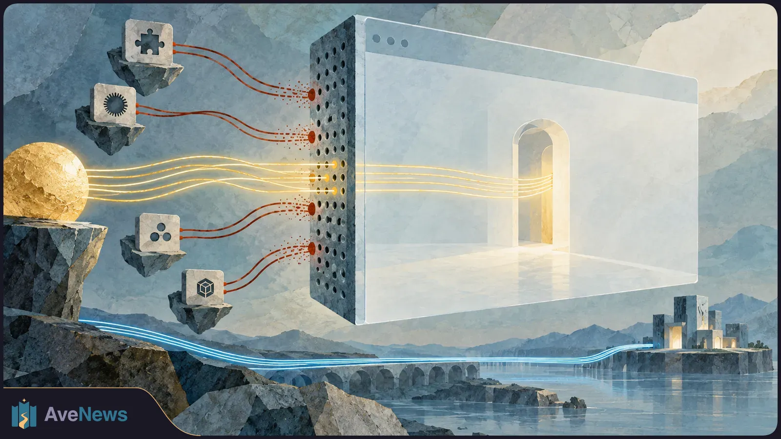 Painted scene of a floating browser window with a glowing doorway. Gold lines pass through a perforated barrier, while orange lines from symbol-marked blocks stop at it. SI illustration