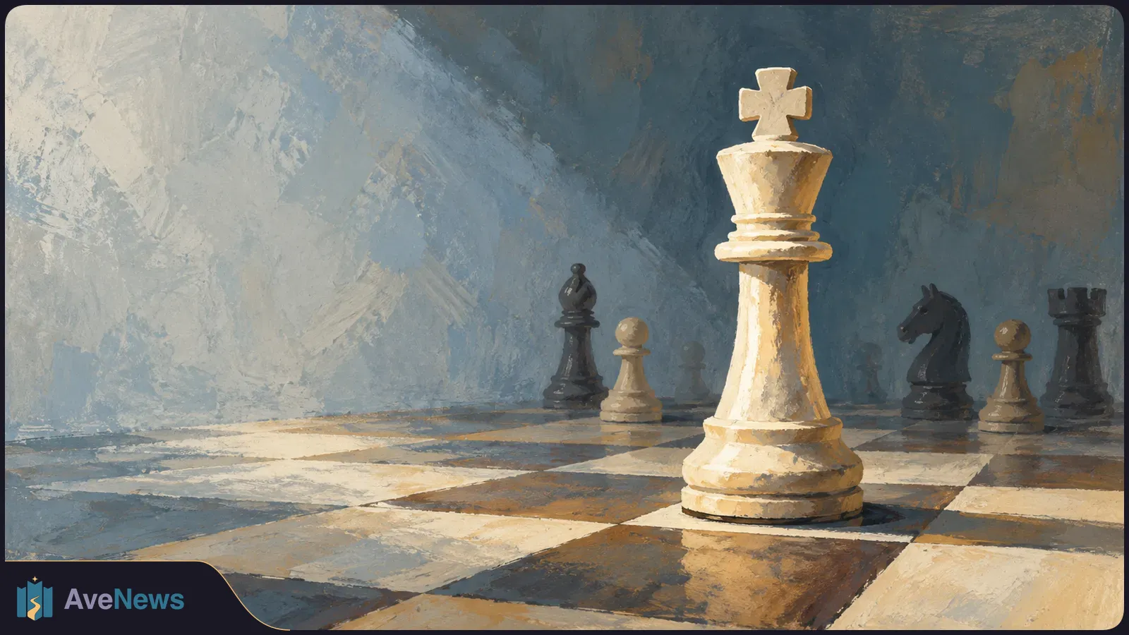Painterly illustration of a large white king on a chessboard, with black and white pieces in the background against a blue-gray wall. SI illustration