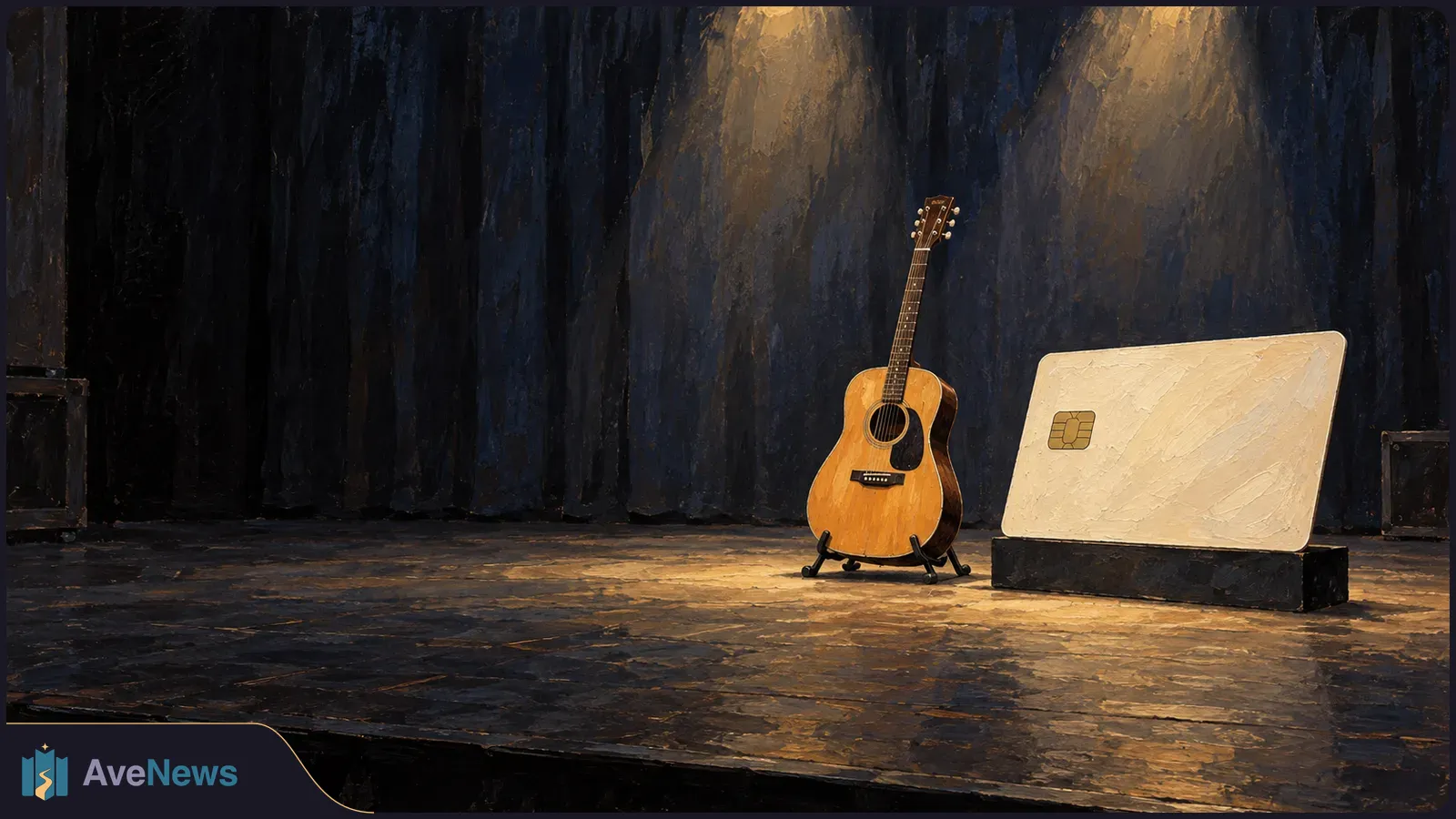 A painted stage under spotlights holds an acoustic guitar on a stand beside a large white chip card, against dark curtains. SI illustration
