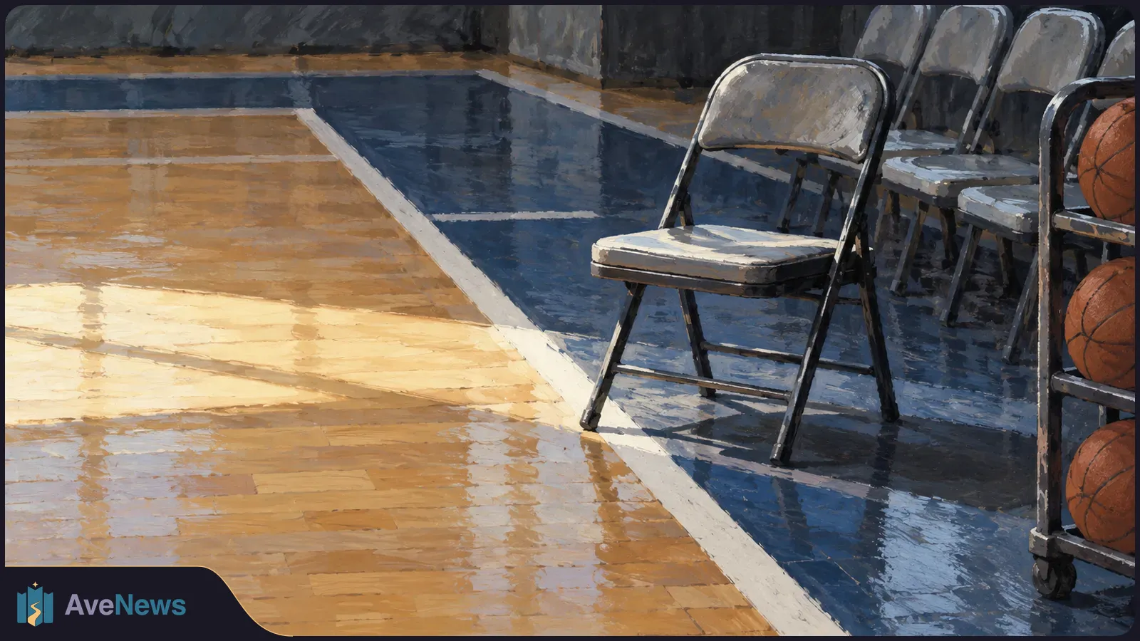 Painted view of an empty basketball court, with folding chairs along the sideline and a rack of basketballs at the right. SI illustration