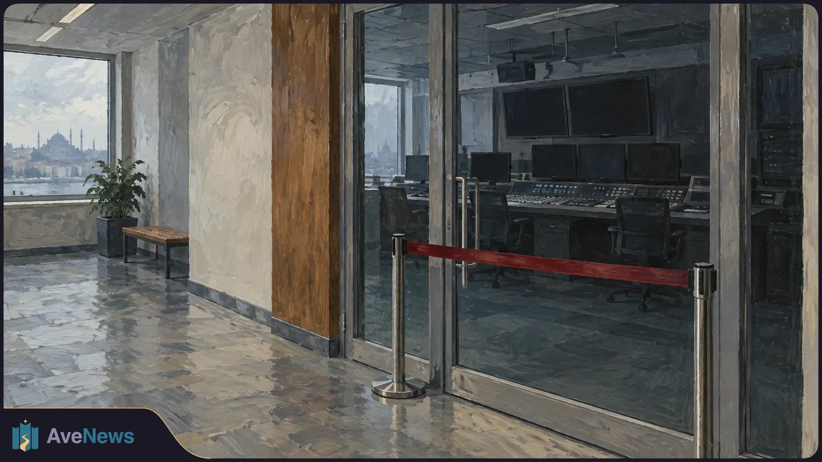 Painterly illustration of a red barrier across glass doors to an empty broadcast control room with dark screens. A waterfront skyline is visible through a nearby window. SI illustration