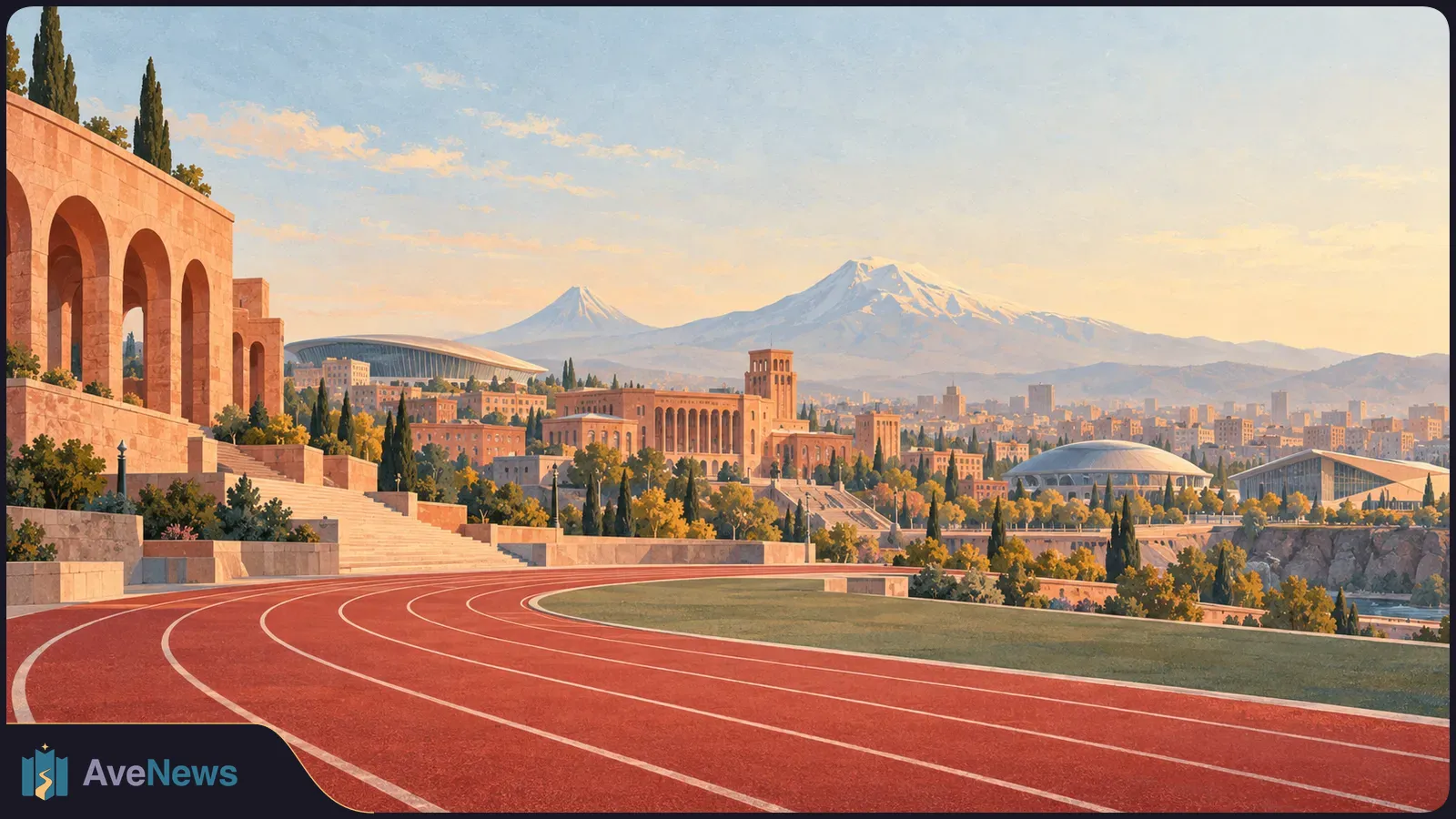 An empty red running track curves past pink stone arches toward a city skyline, with snow-capped mountains beyond. SI illustration