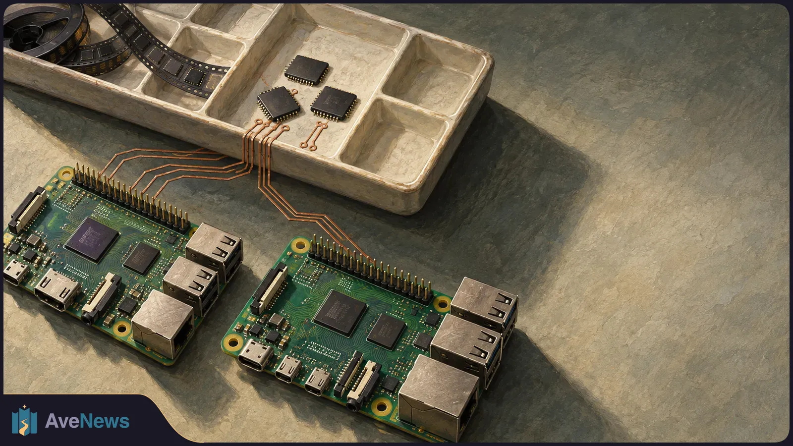 Two green computer boards sit below a compartment tray holding loose chips and a film reel, with copper-colored traces linking the tray to the boards. SI illustration