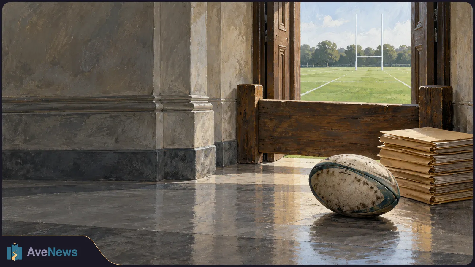 A scuffed rugby ball sits beside a stack of papers and a wooden barrier across an open doorway to a rugby field with goalposts. SI illustration