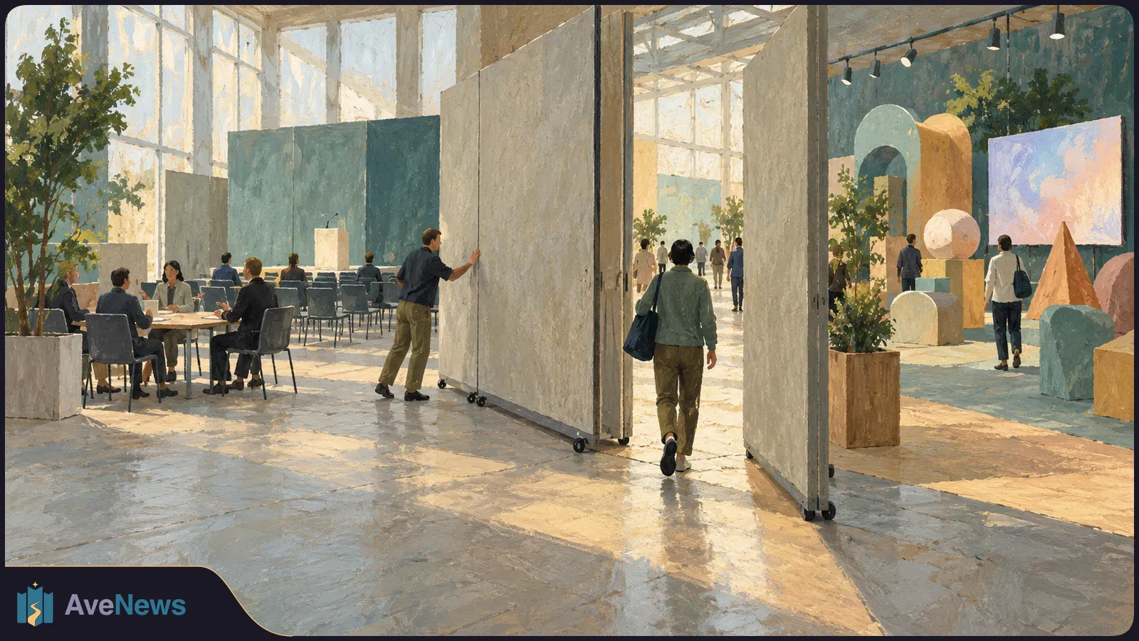 Painterly illustration of a bright hall with wheeled partitions, people seated at tables, and visitors walking past colorful geometric displays. SI illustration