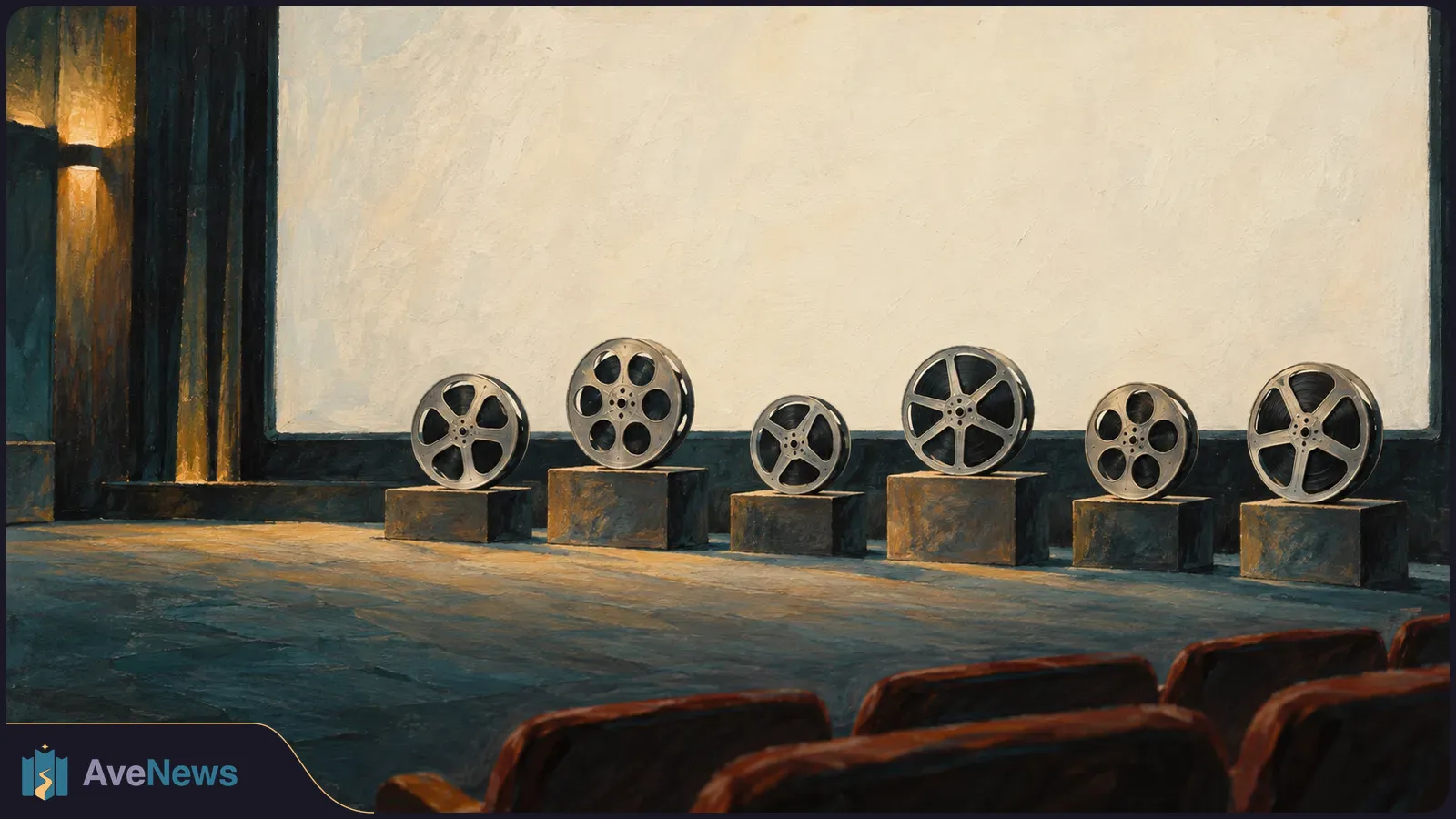 Six film reels rest on separate plinths before a blank cinema screen, with theater seats in the foreground. SI illustration