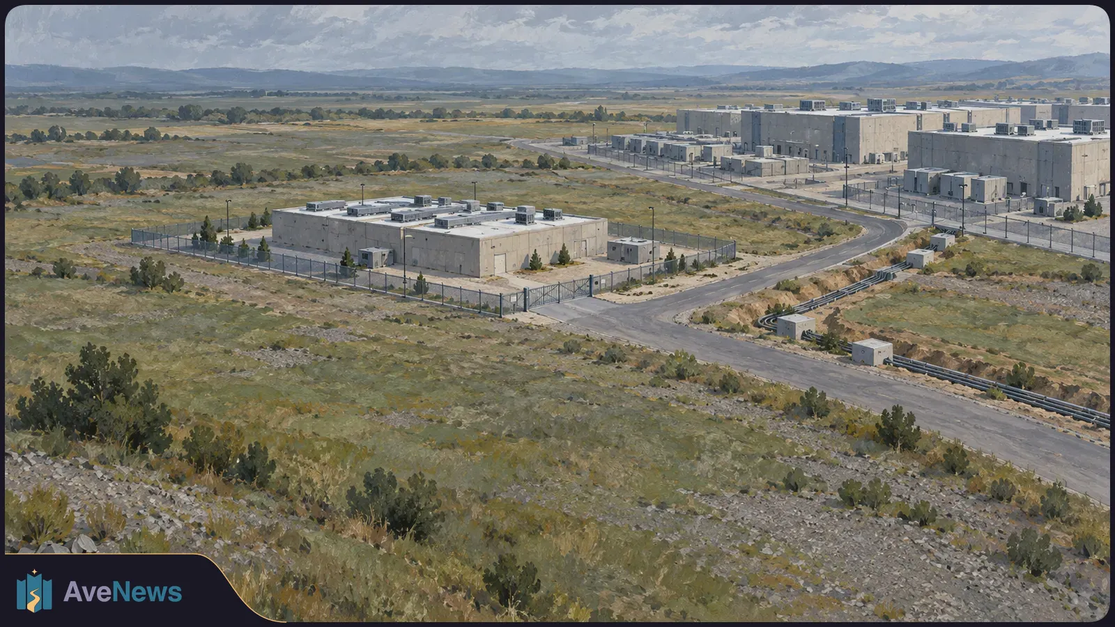 Aerial illustration of a fenced data-center complex with flat-roofed buildings, service roads and utility pipes amid dry grassland. SI illustration