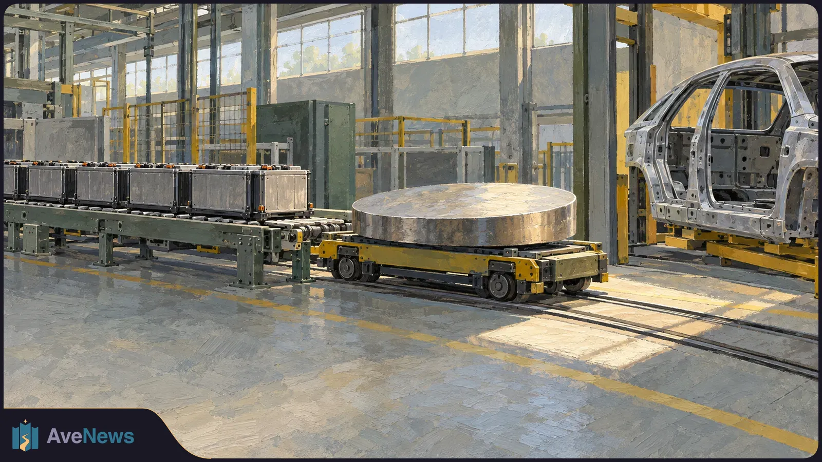 Painterly factory scene with battery modules on a conveyor, a large metal disc on a wheeled platform, and an unfinished car body. SI illustration