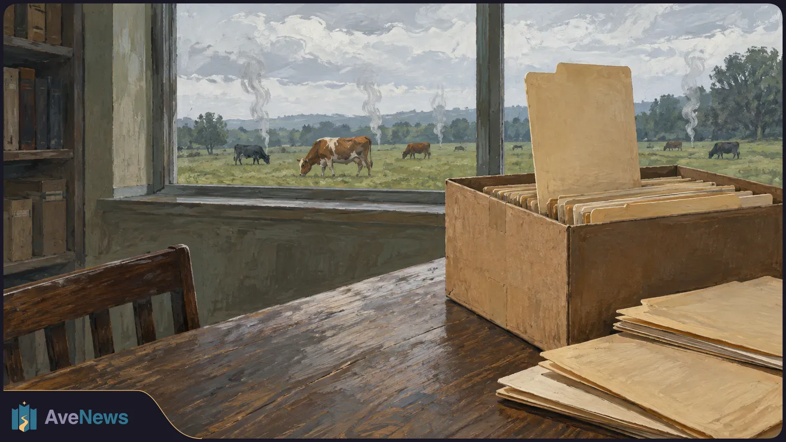 A painted scene of file folders on a wooden table beside a window overlooking grazing cattle and pale wisps rising from the pasture. SI illustration