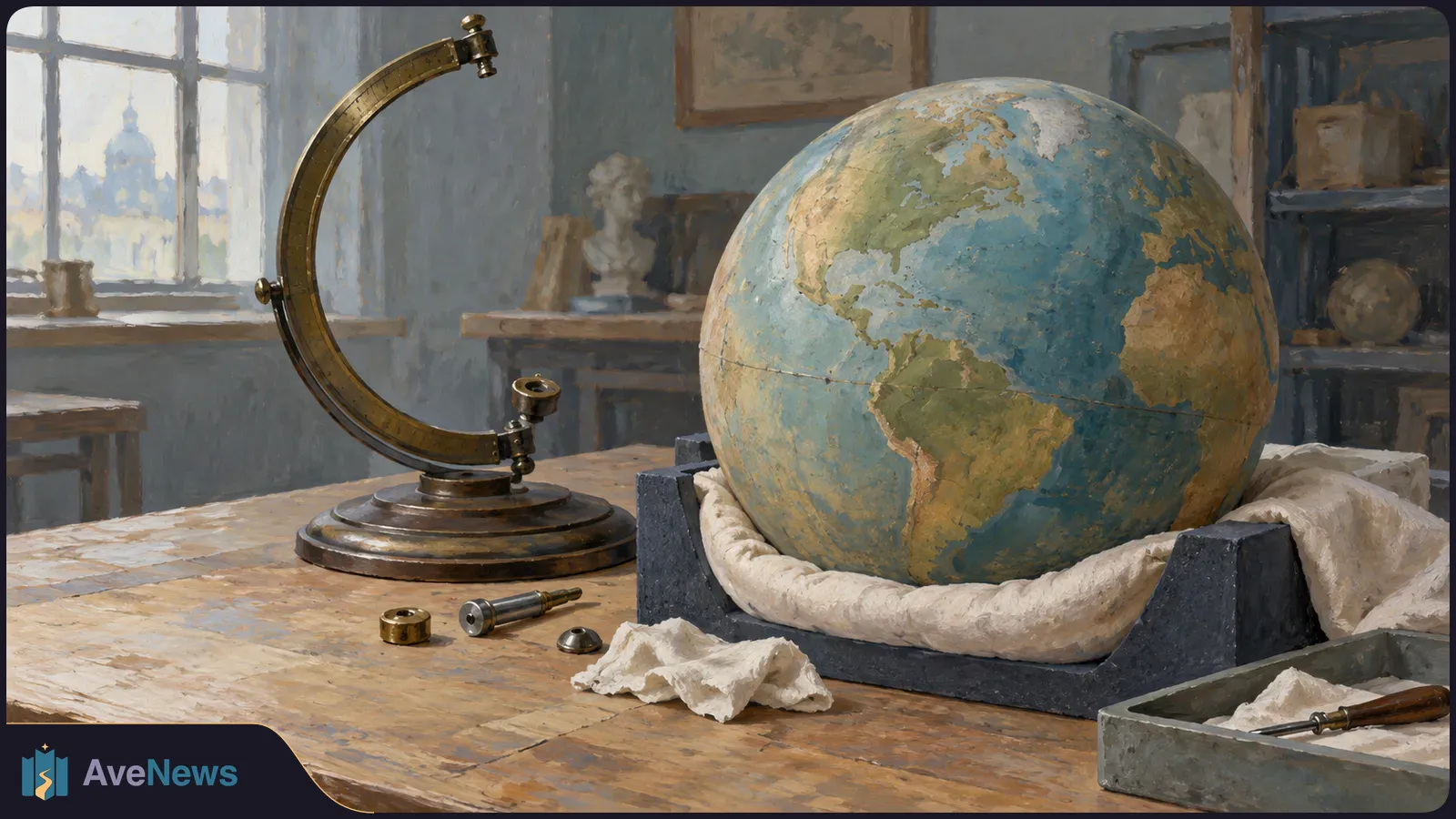 A painted globe rests in a padded cradle beside an empty curved metal mount and loose fittings on a wooden worktable. SI illustration