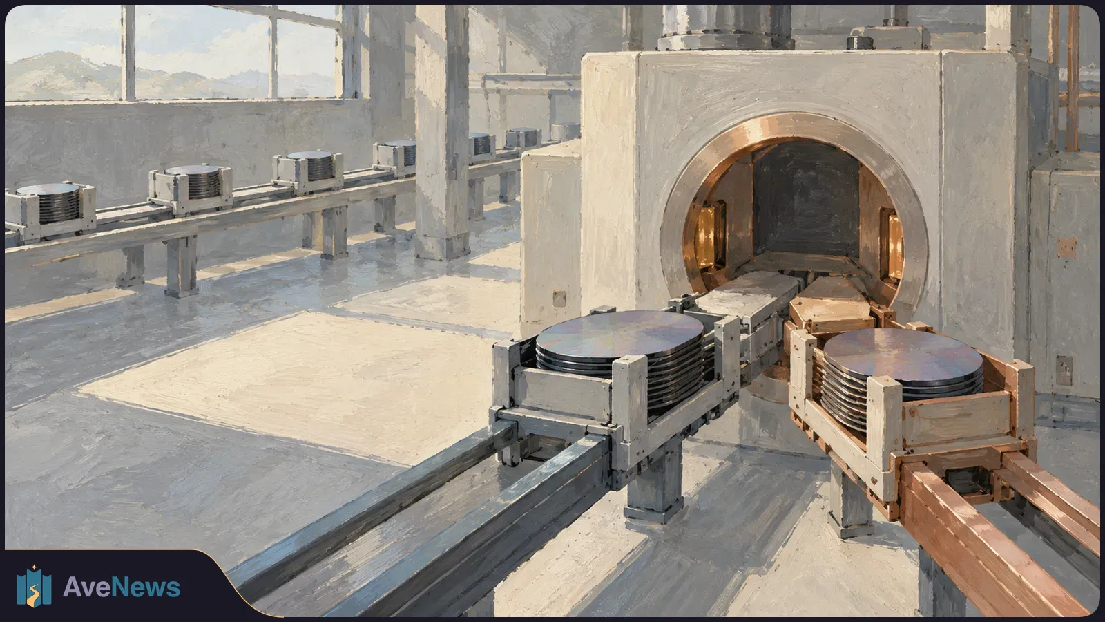 Painterly illustration of stacked round discs on rails leading into a large arched machine, with more stacks beside tall windows. SI illustration