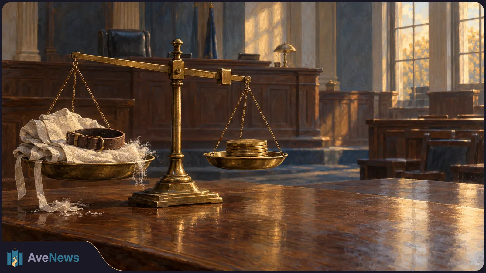 A brass balance scale on a courtroom table holds white bandages and a leather collar on one side and stacked coins on the other. SI illustration