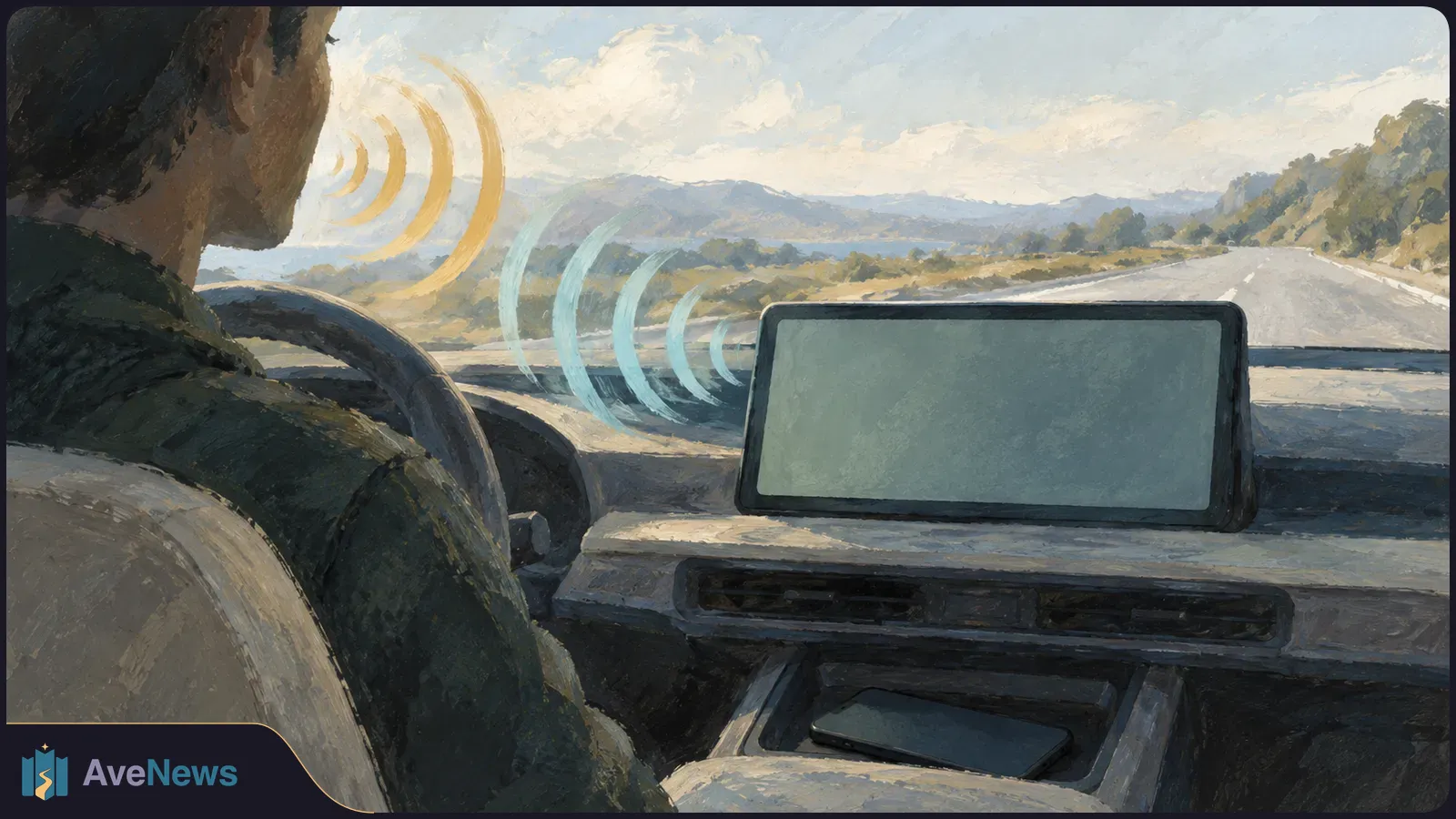 Painterly view from inside a car: a driver faces an open road, with a blank dashboard screen and curved yellow and blue waves near the windshield. SI illustration