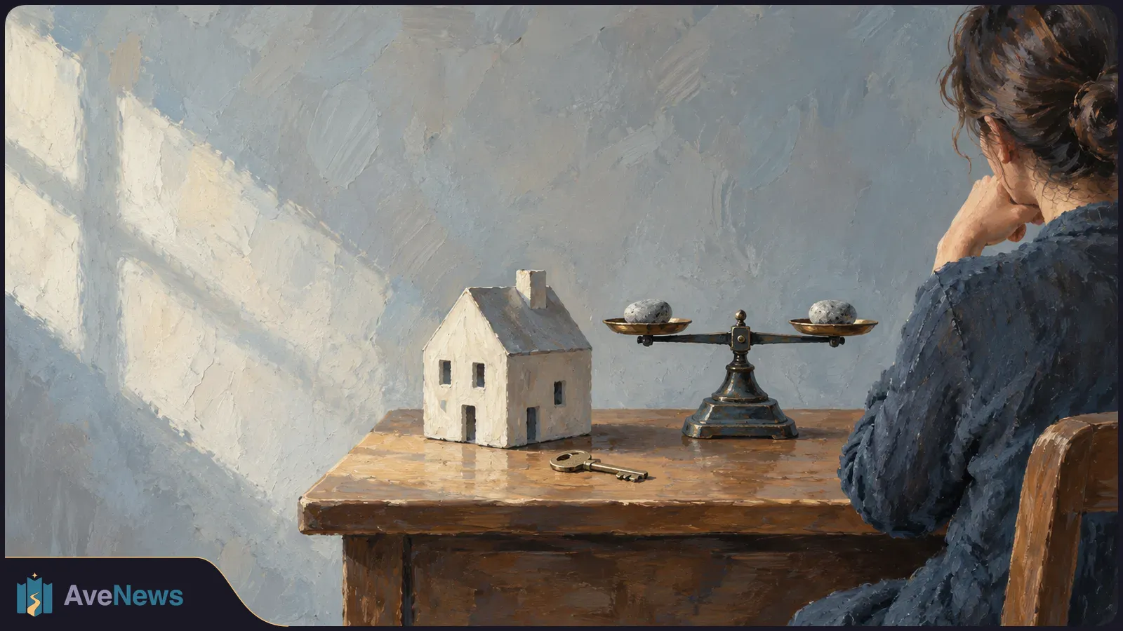 A painted scene shows a woman seated at a wooden table, looking toward a small model house, a key and a balance scale with a stone on each pan. SI illustration