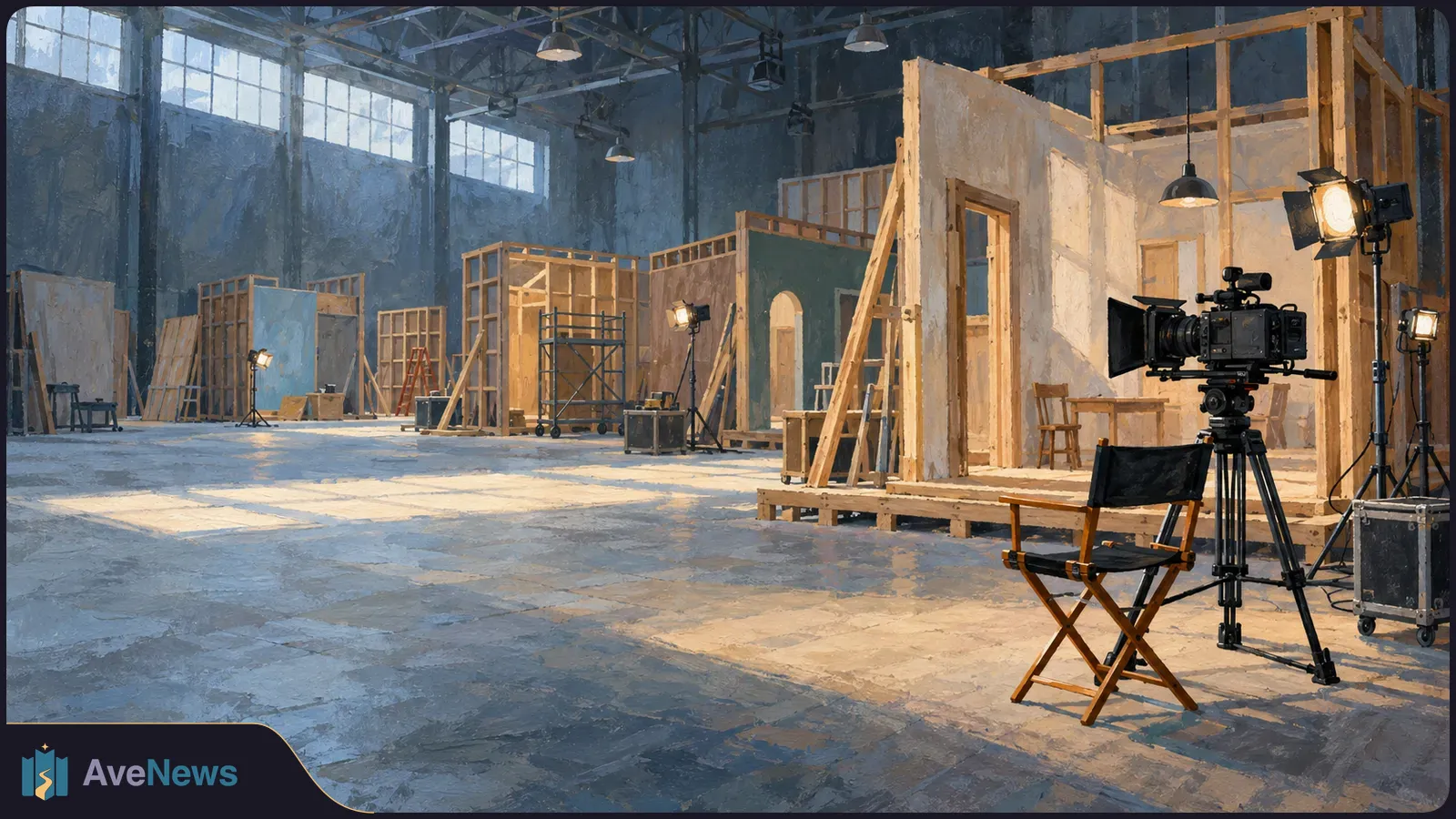 An illustrated film studio with unfinished sets, lighting stands, a camera on a tripod and an empty director’s chair. SI illustration