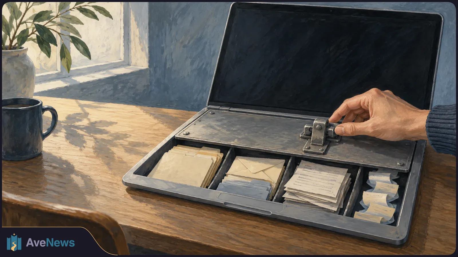 A painted hand adjusts a latch on an open laptop whose keyboard area holds folders, envelopes, papers and curled slips, on a wooden desk. SI illustration