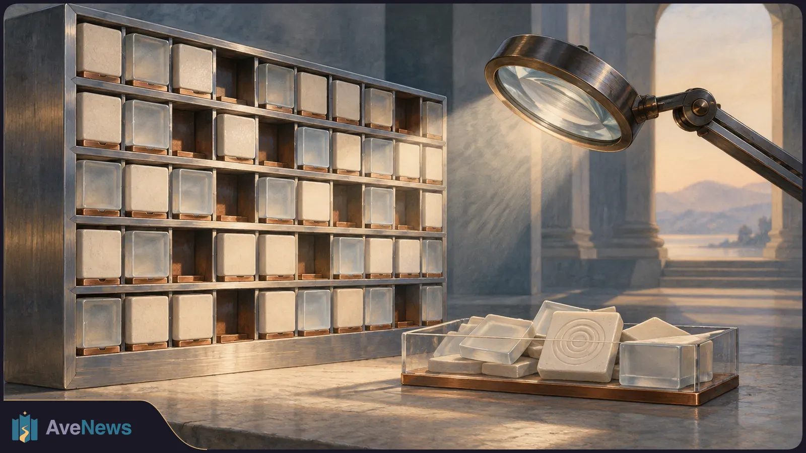 A magnifying lamp shines on a shelf of blank, app-like tiles with several empty slots. More tiles lie in a clear tray on the table. SI illustration
