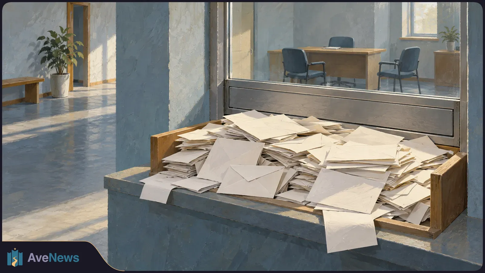 A wooden tray on an office counter overflows with blank envelopes and papers. An empty desk and chairs sit behind a glass partition. SI illustration